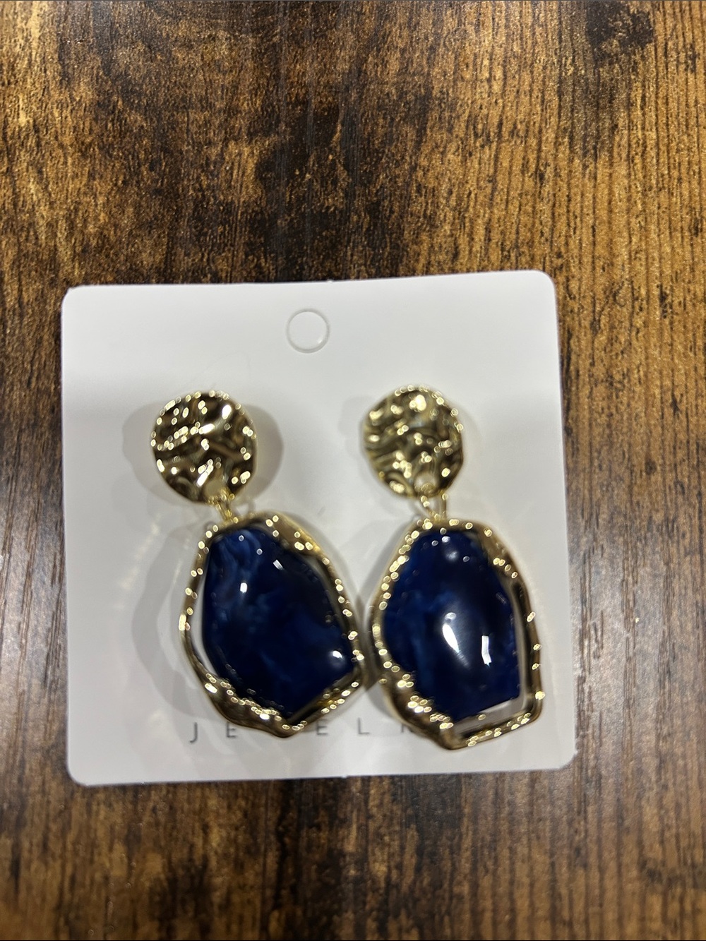 Gold Drop Earrings with Deep Blue Stone
